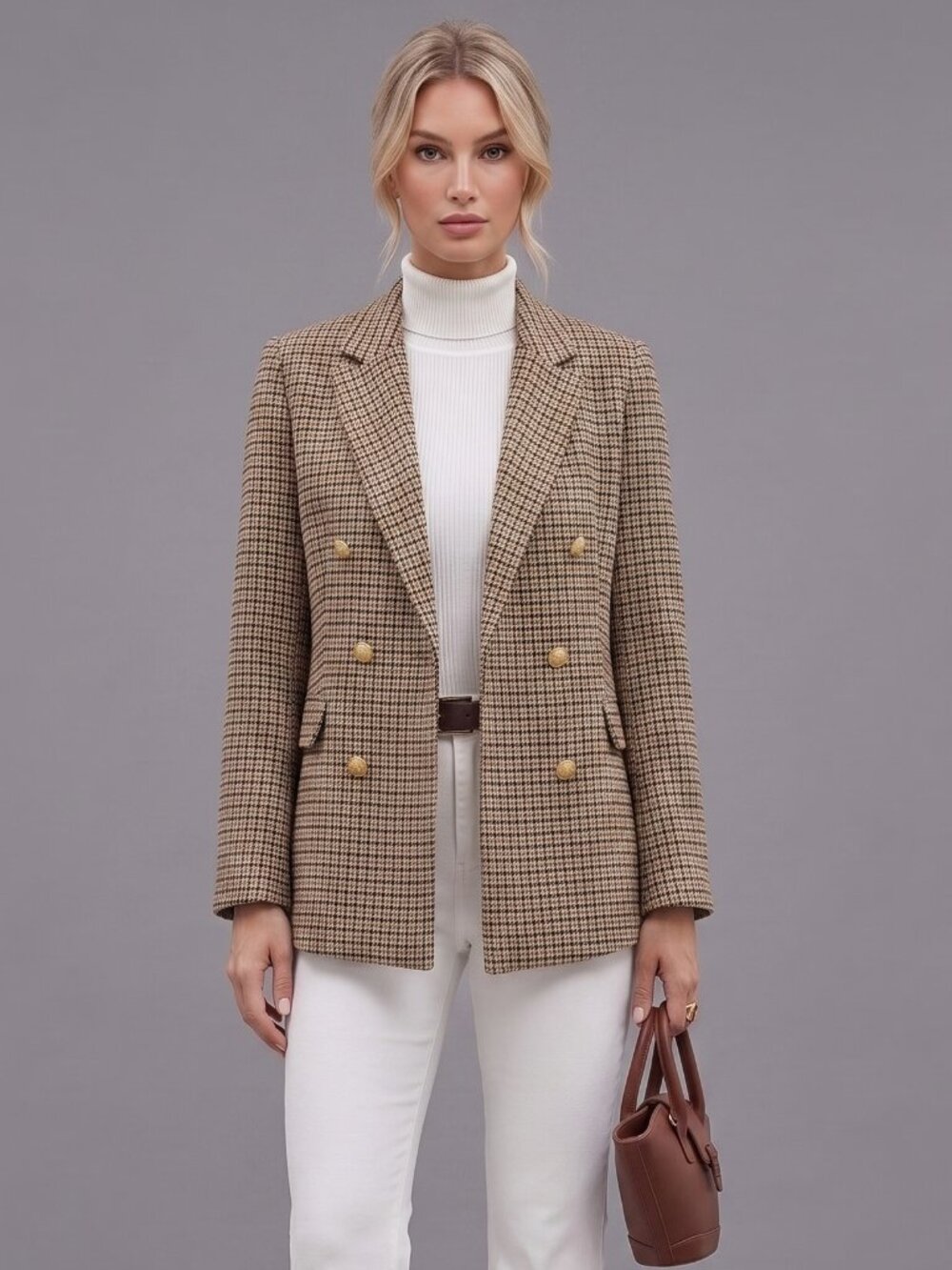 Women's Wool Plaid Double Breasted Blazer Retro Casual Office Work Jacket Coat
